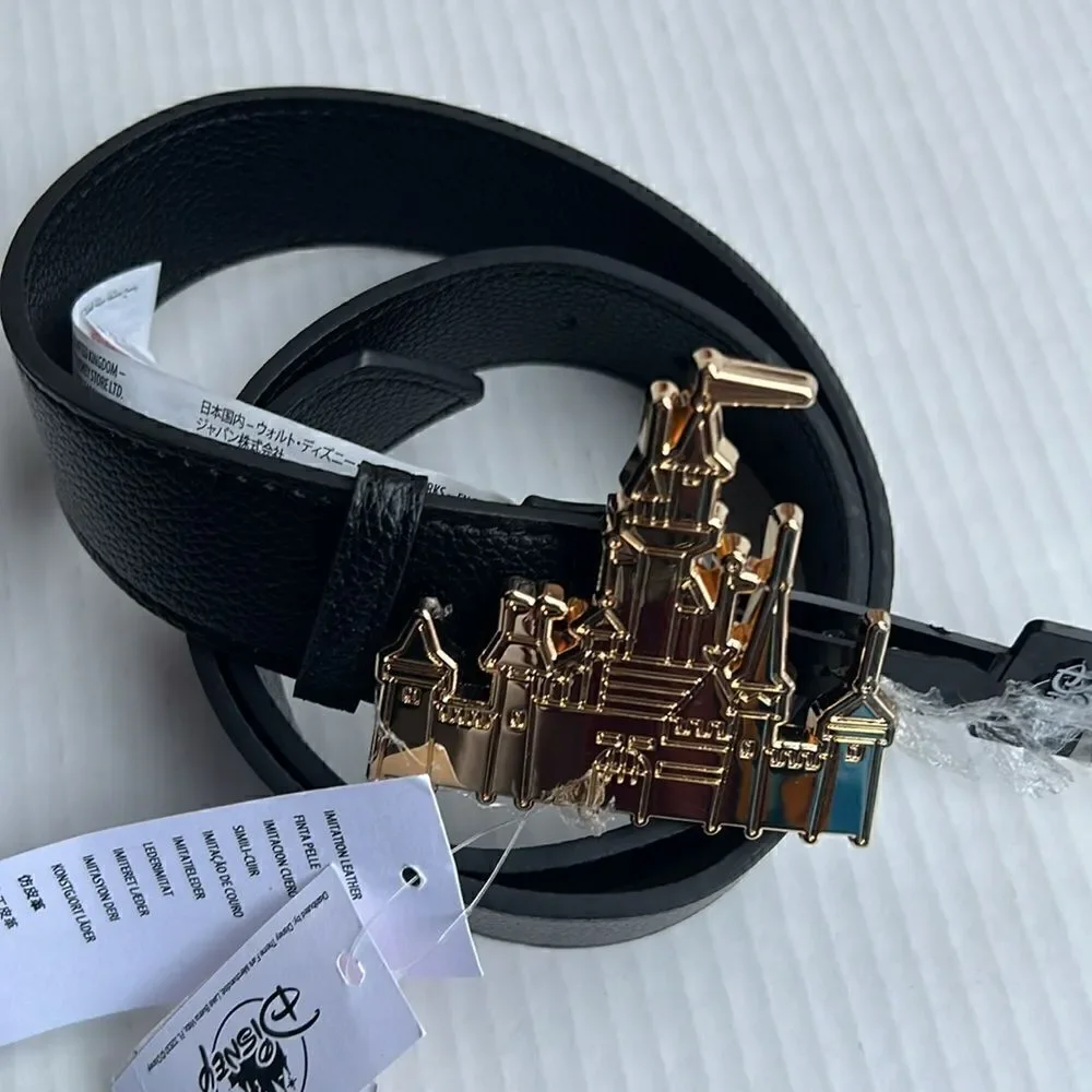 Disney Parks Gold Fantasyland Castle Buckle Black Belt - NWT